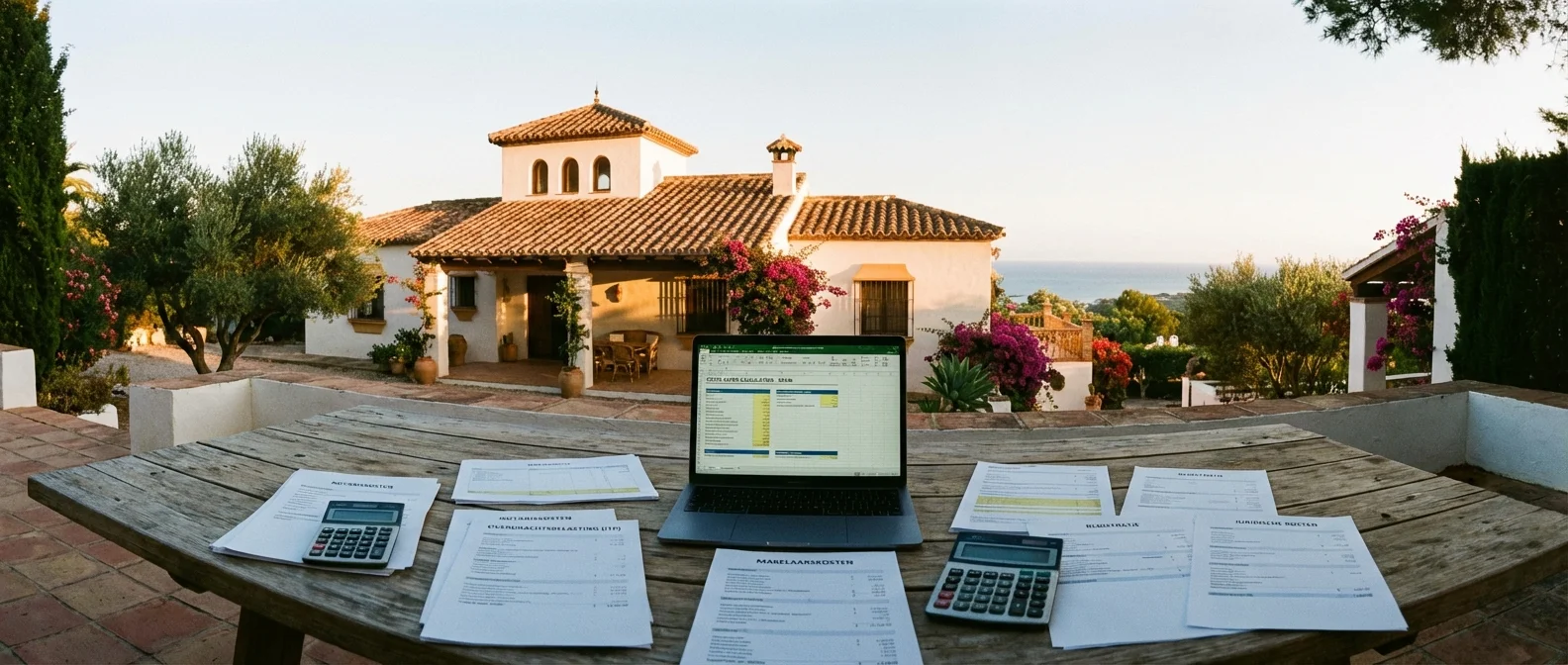Breed panorama van kosten koper huis spanje berekenen, een sfeervolle weergave van een Spaanse villa bij zonsondergang met een overzicht van financiƫle documenten op een houten tafel, professionele fotografie