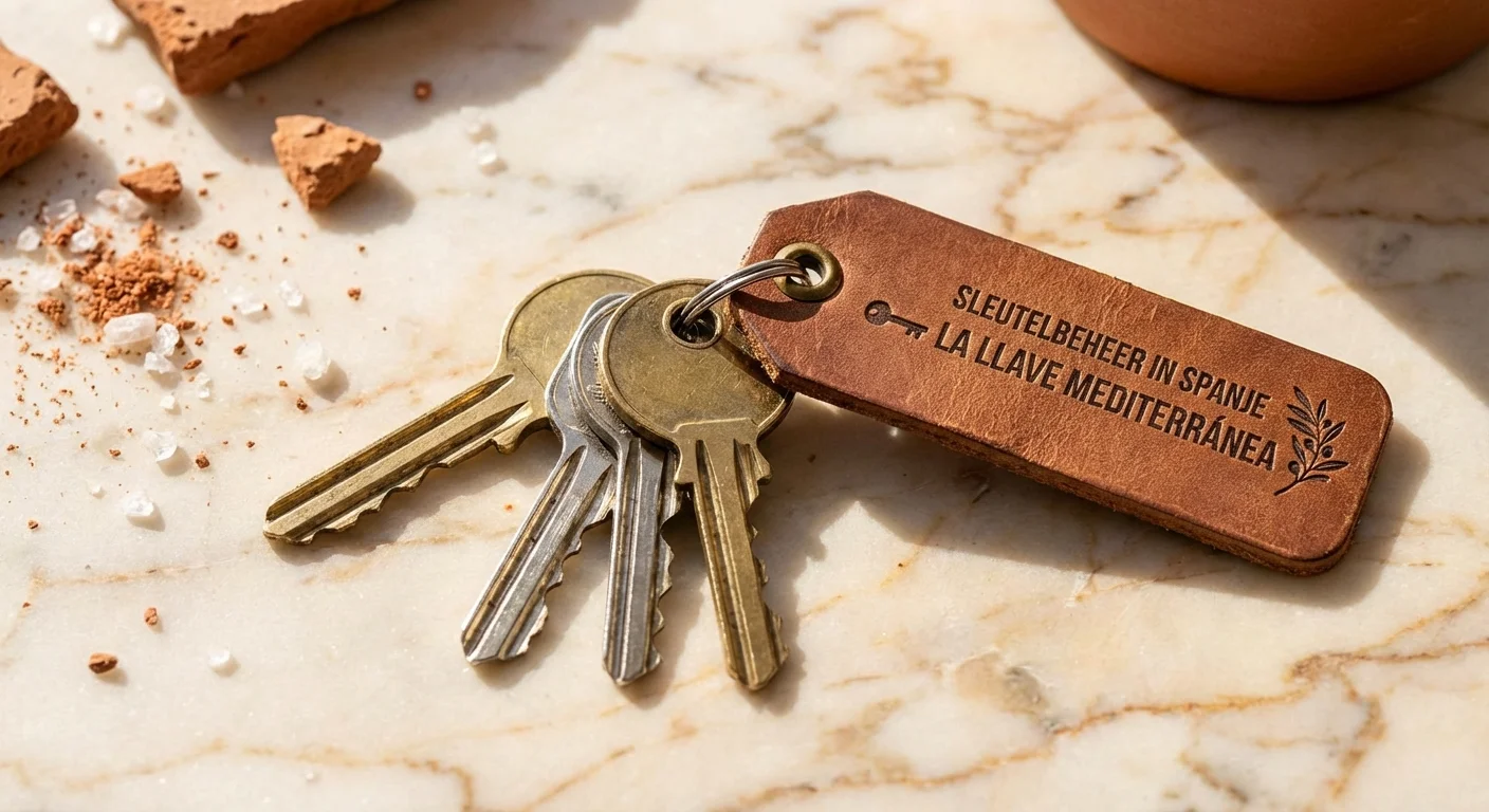 close-up detail shot, sharp focus van een glimmende set huissleutels met een mediterraan label voor Sleutelbeheer in Spanje, liggend op een marmeren tafel