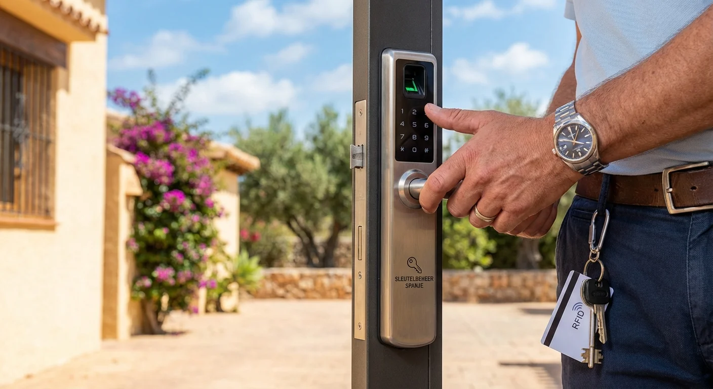 close-up detail shot, sharp focus van een professionele beheerder die een modern slot controleert in het kader van Sleutelbeheer in Spanje, zonnige achtergrond