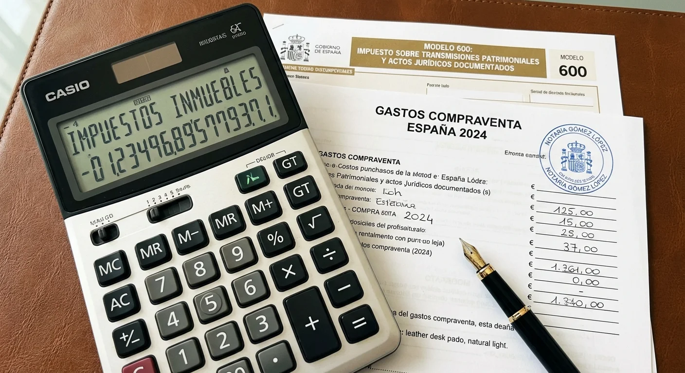 close-up detail shot, scherpe focus van een rekenmachine en Spaanse belastingformulieren voor kosten koper huis spanje berekenen, professionele uitstraling