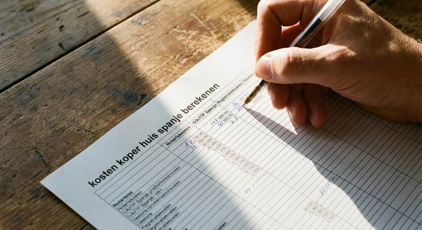 close-up detail shot, scherpe focus op een hand die een spreadsheet invult voor kosten koper huis spanje berekenen op een houten tafel, zonlicht inval