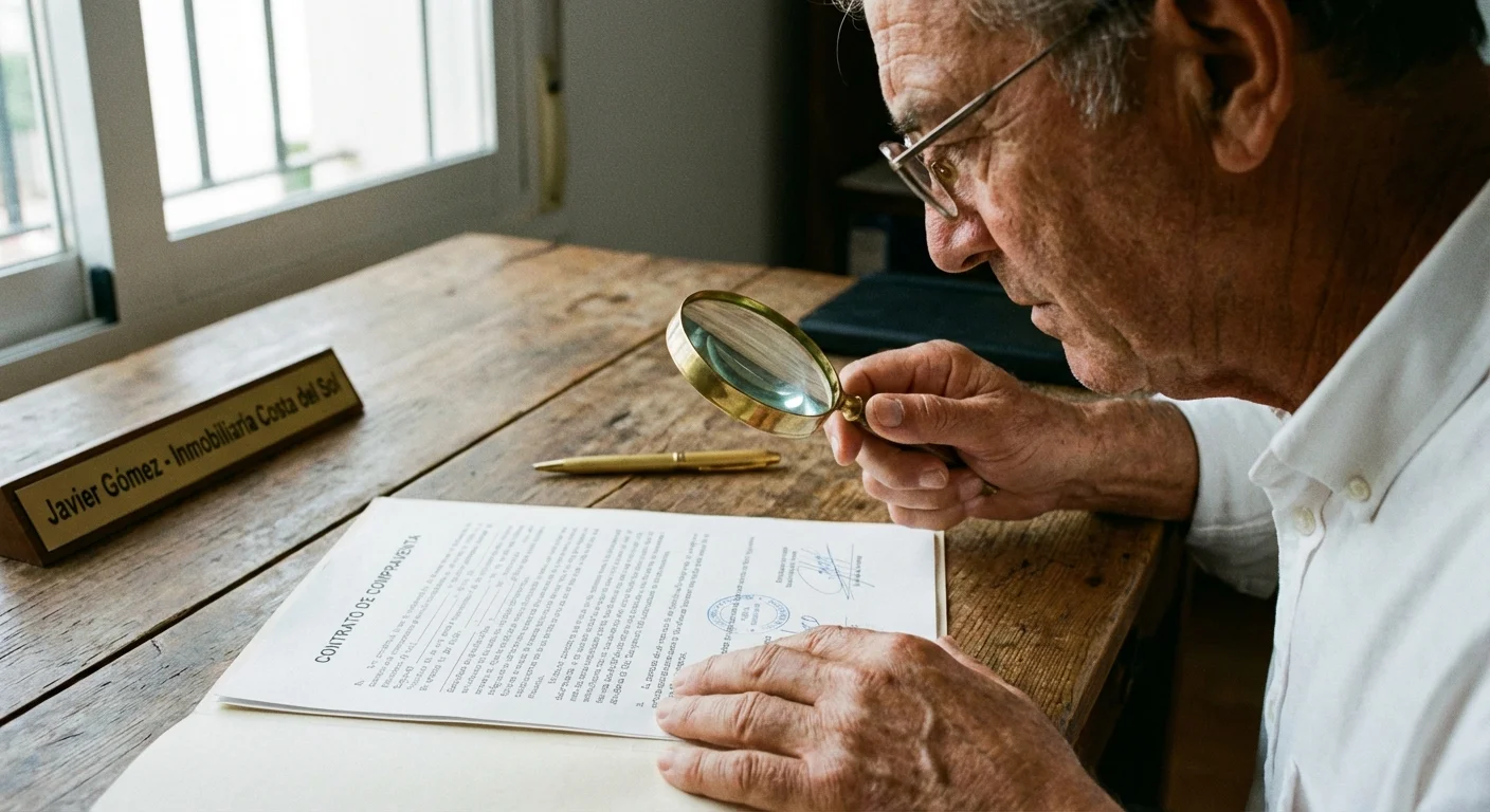 close-up detail shot, scherpe focus van een professionele Vastgoed Makelaar Spanje die een officieel koopcontract analyseert met een vergrootglas op een houten bureau