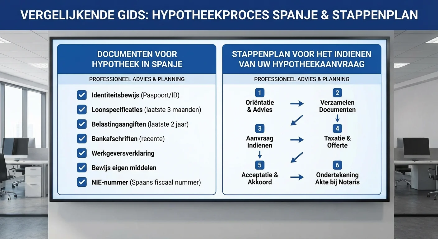 comparative view, side-by-side layout of documenten voor hypotheek in Spanje at stappenplan voor het indienen van uw hypotheekaanvraag, professional appearance. ALL text rendered in this image MUST be in Dutch. Ensure correct spelling.