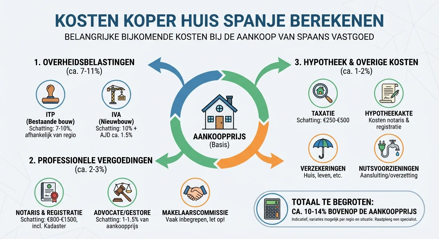 diagram of infographic stijl, helder en informatief van kosten koper huis spanje berekenen bij belangrijke bijkomende kosten bij de aankoop van spaans vastgoed, professionele uitstraling