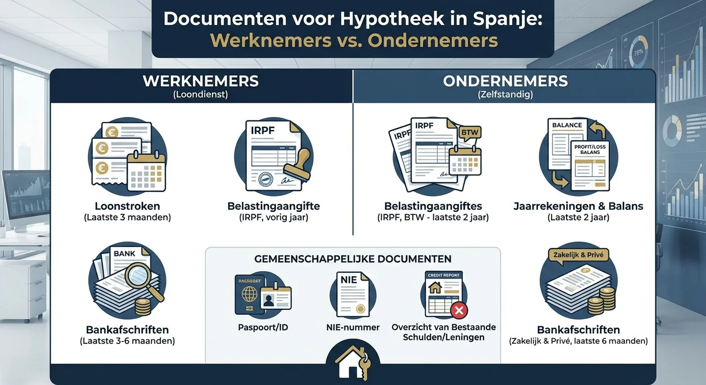 Een overzichtelijke infographic die de specifieke documenten voor hypotheek in Spanje toont voor zowel werknemers als ondernemers, met iconen voor loonstroken, belastingaangiftes en bankafschriften in een professionele zakelijke stijl. ALL text rendered in this image MUST be in Dutch. Ensure correct spelling.