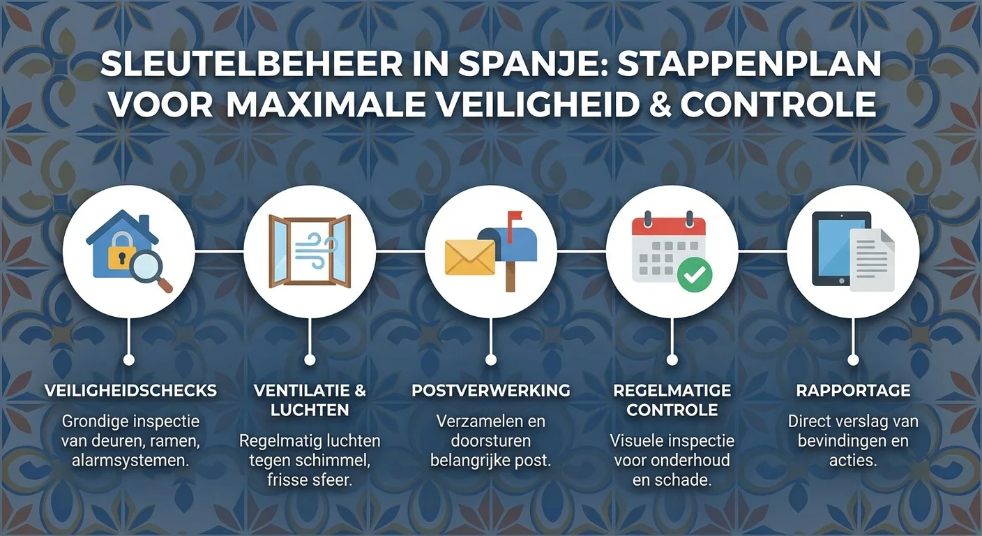 Een overzichtelijke infographic die de verschillende stappen van Sleutelbeheer in Spanje toont, met iconen voor veiligheidschecks, ventilatie en postverwerking voor maximale veiligheid en regelmatige controle van uw eigendom, uitgevoerd in een strakke en professionele stijl