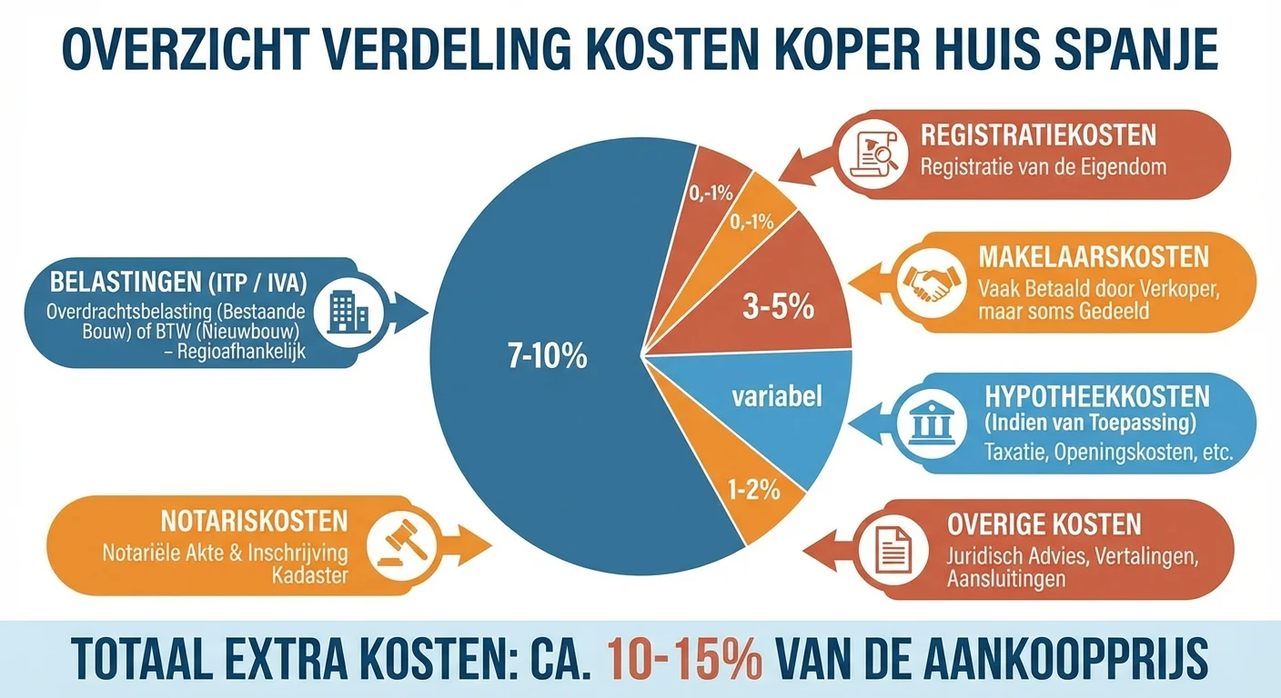 infographic overzicht van de verdeling van de kosten koper huis spanje berekenen inclusief belastingen en notariskosten, helder en informatief