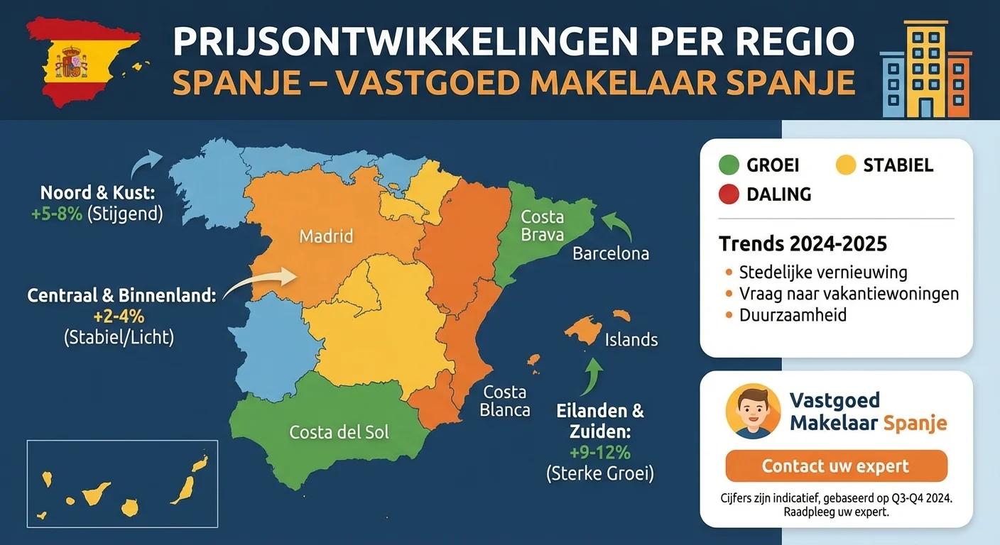 infographic overzicht van prijsontwikkelingen per regio gepresenteerd door een Vastgoed Makelaar Spanje, helder en informatief ontwerp