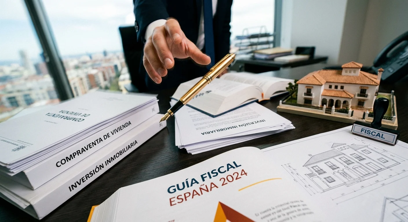 realistisches Action-Foto, dynamische Perspektive eines Schreibtisches mit juristischen Dokumenten, einem spanischen Steuerleitfaden und einem goldenen Stift, symbolisiert Immobilieninvestition Spanien in steuerlichen Aspekten und rechtlichen Schritten beim Kauf, professionelles Aussehen
