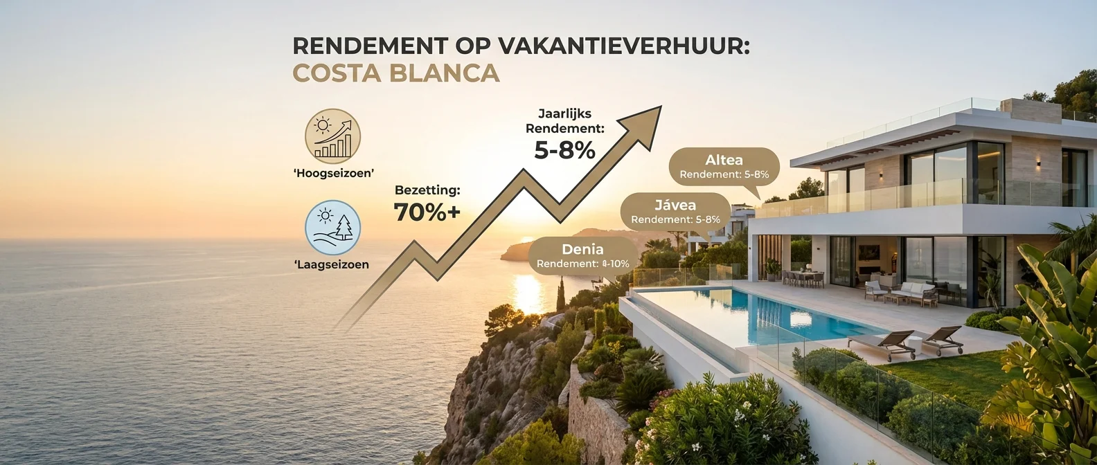 Breed panorama van een luxe villa met uitzicht op zee, illustratief overzicht van Rendement op Vakantieverhuur aan de Costa Blanca, sfeervol beeld, professionele fotografie
