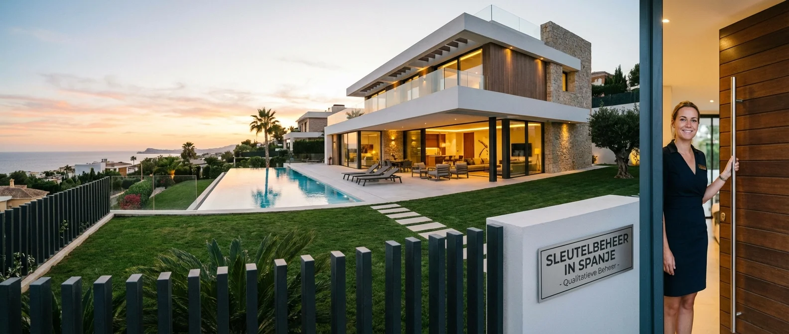 Wide panorama of a luxury villa on the Costa Blanca as an example of quality Key Management in Spain, atmospheric composition, professional photography