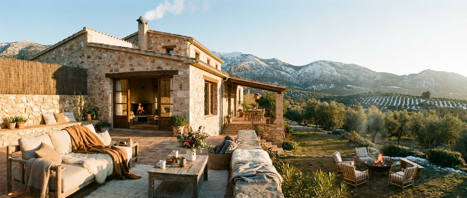 Breed panorama van een sfeervolle Woning in Spanje Winterklaar, een prachtig overzicht van een villa onder de winterzon, uitnodigende compositie, professionele fotografie