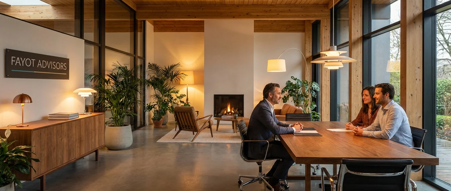 Breed panorama van een modern kantoor waar Kenzo Fayot klanten adviseert, sfeervolle verlichting, uitnodigende compositie, professionele fotografie