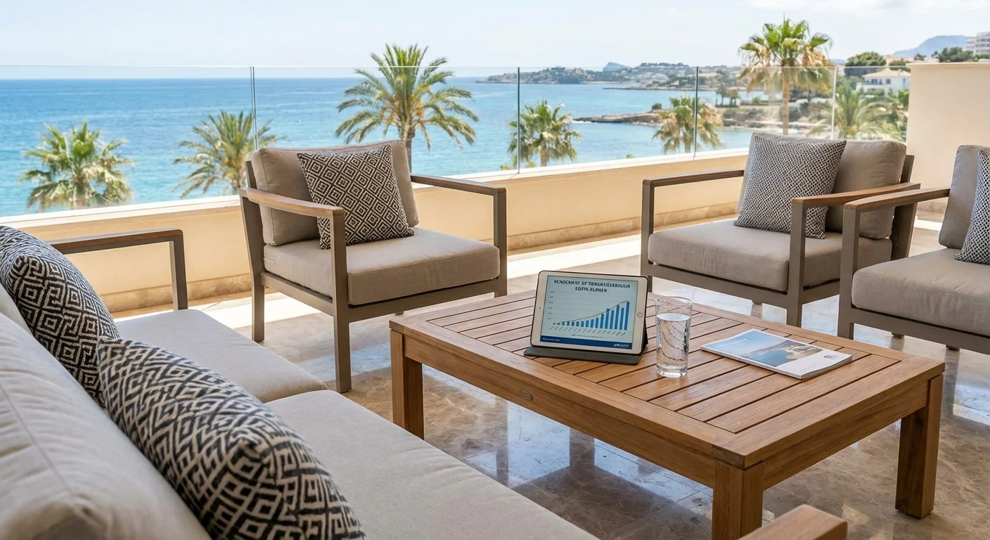 close-up detail shot, sharp focus van een luxe terrasoverzicht met uitzicht op zee, illustrerend hoe locatie het Rendement op Vakantieverhuur aan de Costa Blanca beïnvloedt, professional appearance