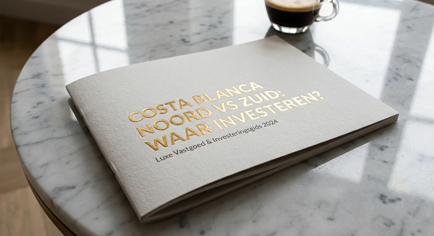 close-up detail shot, sharp focus van een luxe vastgoedbrochure met de tekst Costa Blanca Noord vs Zuid: Waar Investeren? op een marmeren tafel, professional appearance