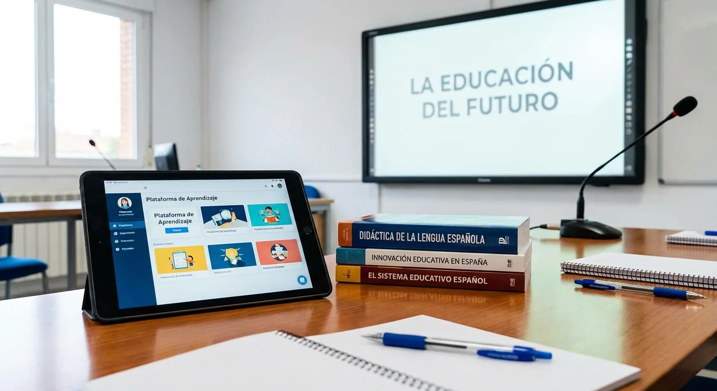 close-up detail shot, sharp focus van een Spaans klaslokaal met moderne leermiddelen en boeken over onderwijs in Spanje, professionele uitstraling