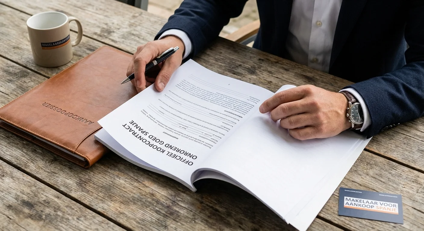 close-up detail shot, sharp focus van een Makelaar voor Aankoop in Spanje die een officieel koopcontract bestudeert op een houten tafel, professional appearance. ALL text rendered in this image MUST be in Dutch. Ensure correct spelling.