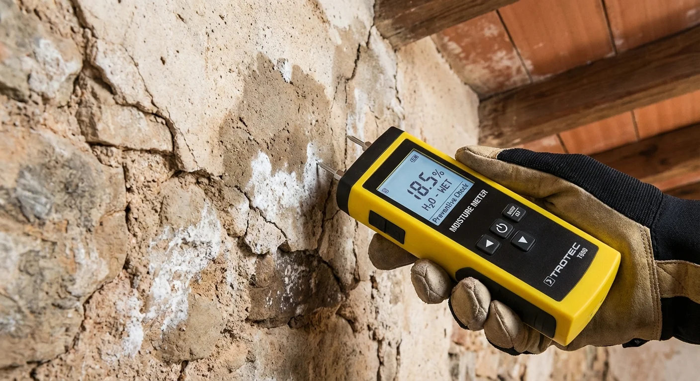 close-up detail shot, sharp focus van een vochtmeter die de muur van een Woning in Spanje Winterklaar controleert, preventieve controle tegen schimmel, professional appearance