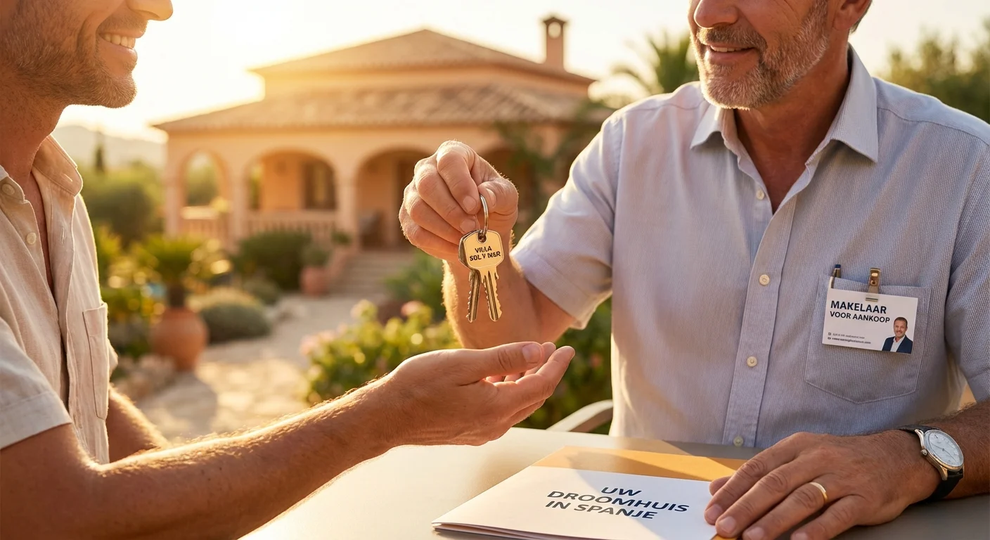 close-up detail shot, sharp focus van een Makelaar voor Aankoop in Spanje die de sleutels van een Spaanse villa overhandigt aan een klant, zonlicht op de achtergrond. ALL text rendered in this image MUST be in Dutch. Ensure correct spelling.