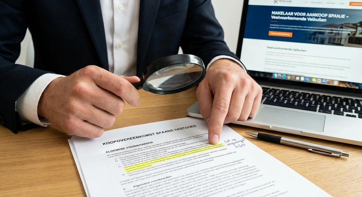 close-up detail shot, sharp focus van een Makelaar voor Aankoop in Spanje die een contract inspecteert op veelvoorkomende valkuilen bij het kopen van spaans vastgoed, professionele uitstraling. ALL text rendered in this image MUST be in Dutch. Ensure correct spelling.