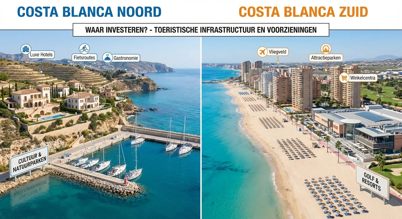 comparative view, side-by-side layout of Costa Blanca Noord vs Zuid: Waar Investeren? at toeristische infrastructuur en voorzieningen in beide regio's, professional appearance