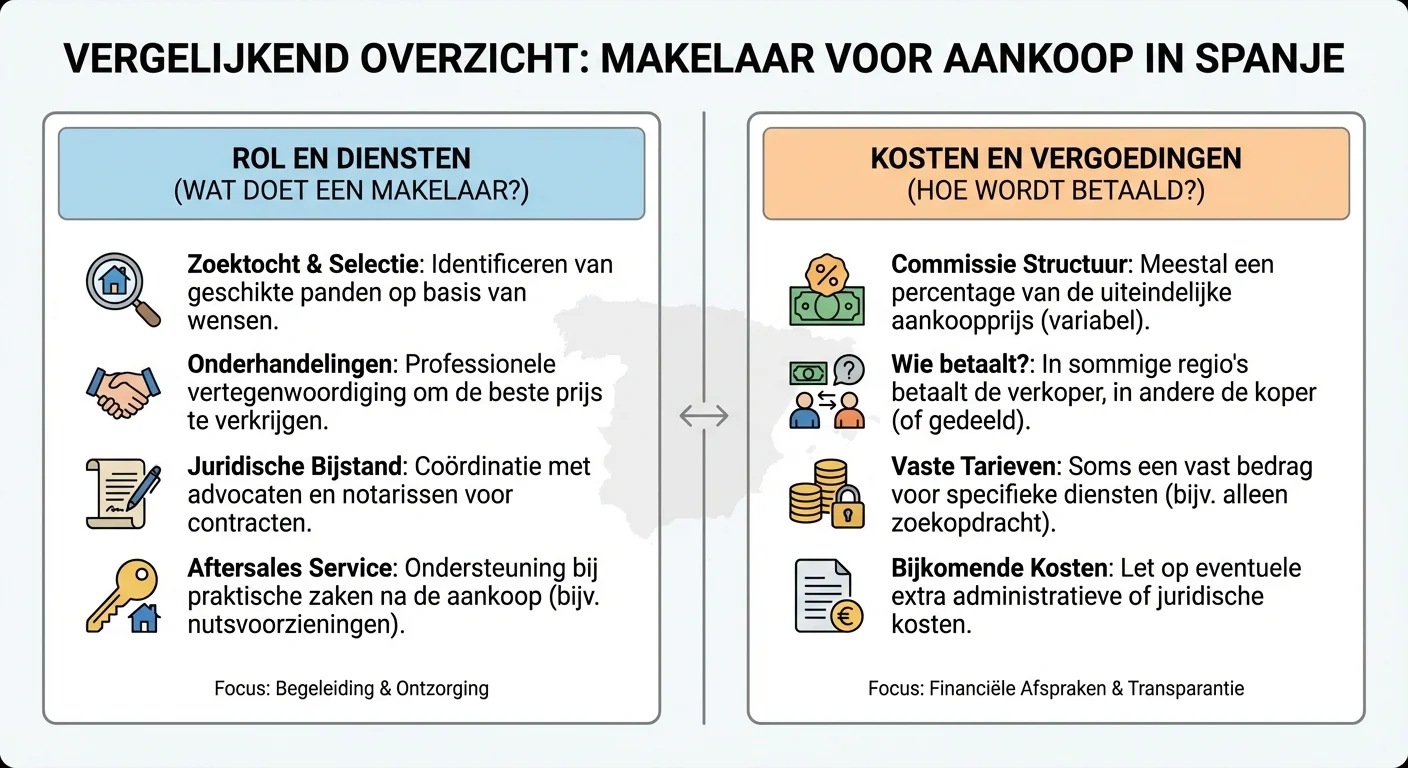 comparative view, side-by-side layout of Makelaar voor Aankoop in Spanje at kosten en vergoedingen van een makelaar voor aankoop in spanje, professional appearance. ALL text rendered in this image MUST be in Dutch. Ensure correct spelling.
