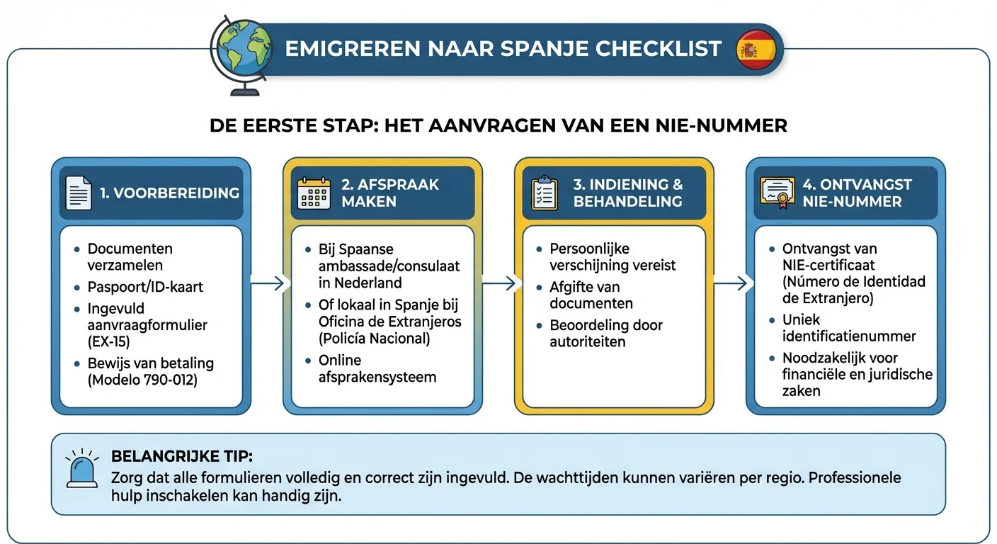 Diagramm im infografischen Stil, klar und informativ, Checkliste für die Auswanderung nach Spanien im ersten Schritt: Beantragung einer Nummer, professionelles Aussehen. Der gesamte Text in dieser Grafik MUSS auf Niederländisch sein. Achten Sie auf die korrekte Schreibweise.