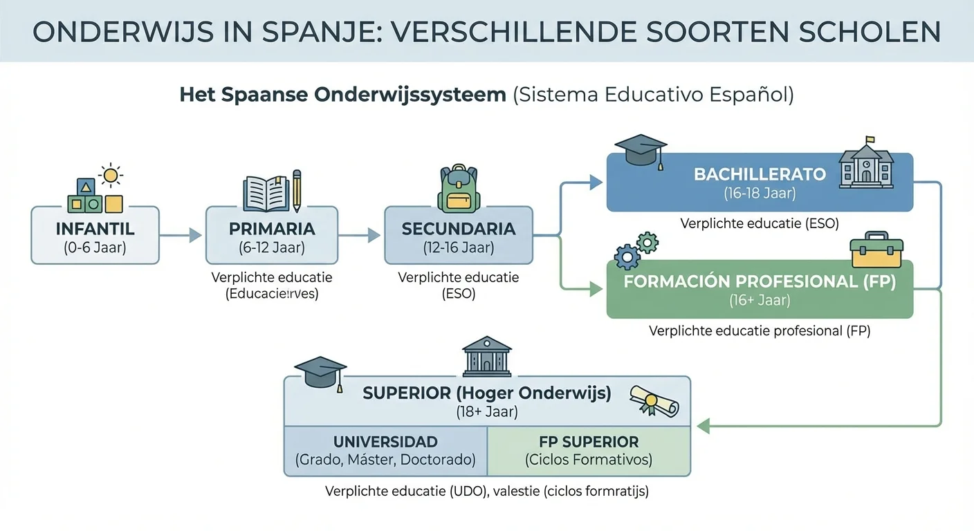 diagram of infographic style, clear and informative of onderwijs in spanje at de verschillende soorten scholen in het spaanse systeem, professional appearance
