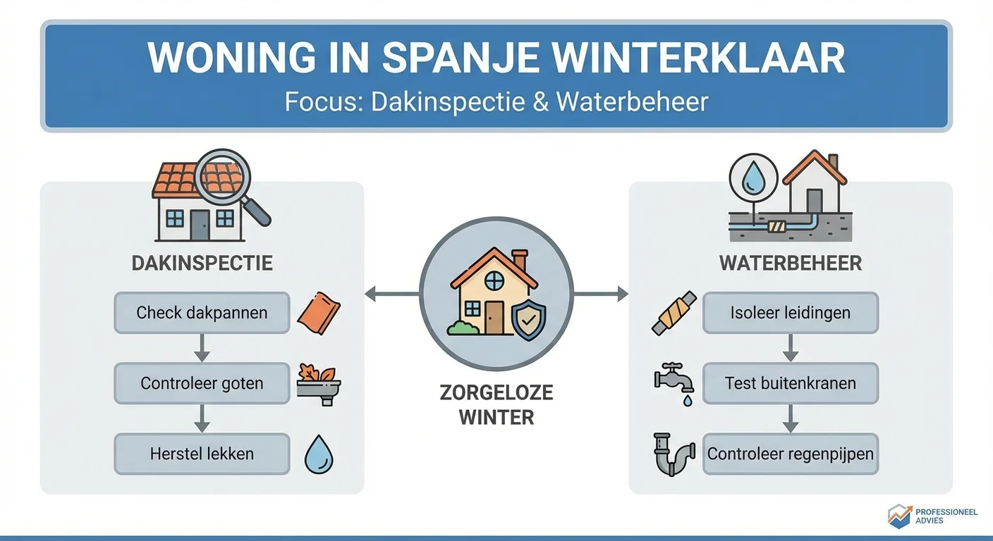 diagram of infographic style, clear and informative of Woning in Spanje Winterklaar met een focus op dakinspectie en waterbeheer, professional appearance