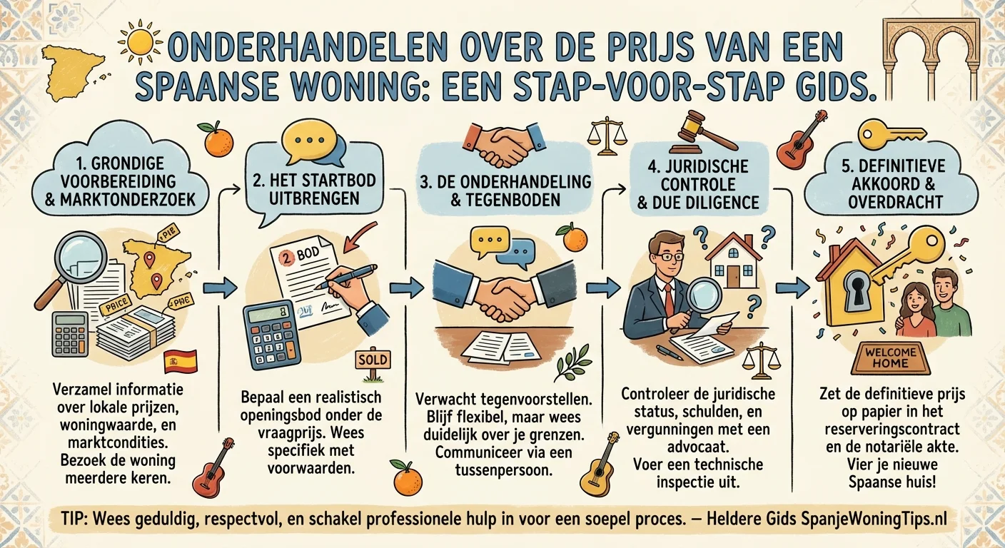 diagram or infographic style, an overview of the steps to negotiate the Price of a Spanish property, clear and informative