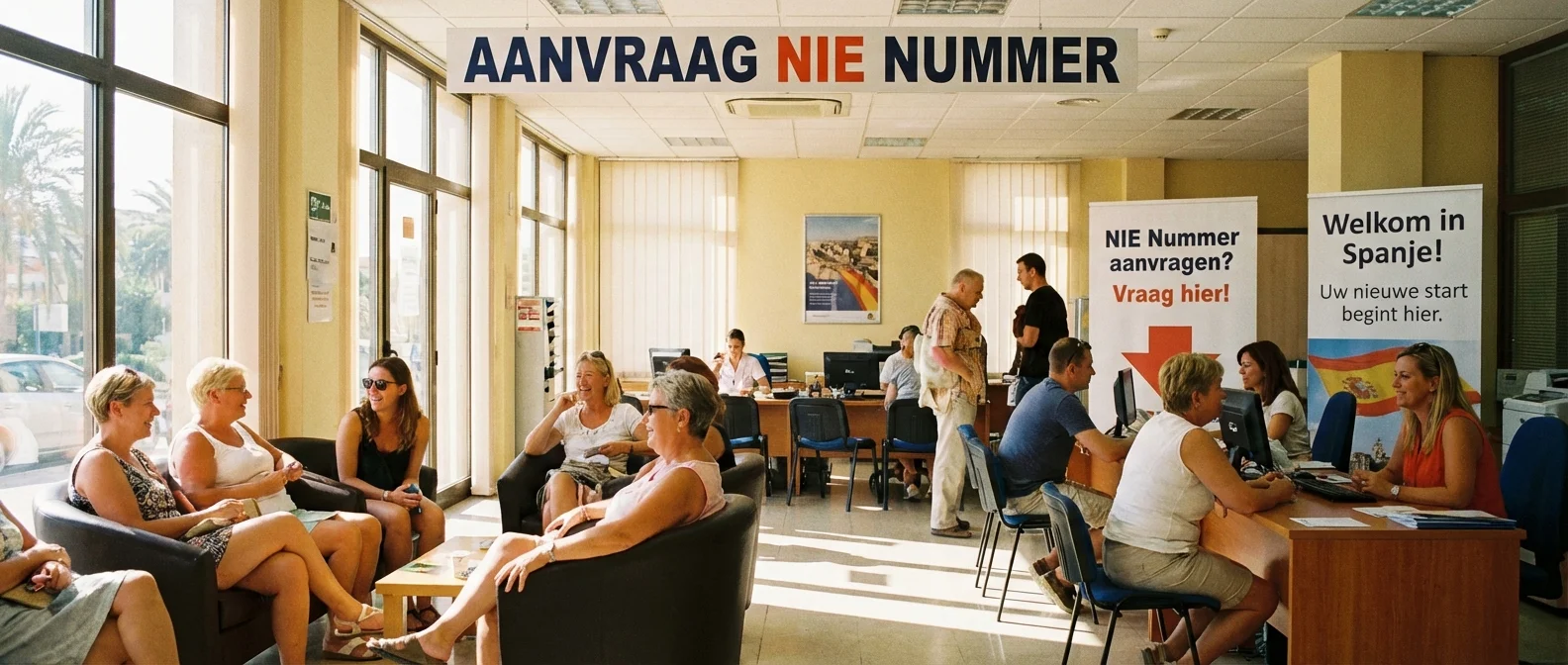 Een breed panorama van een zonnig Spaans administratiekantoor waar mensen hun NIE Nummer regelen, warme sfeer, uitnodigende compositie, professionele fotografie. ALL text rendered in this image MUST be in Dutch. Ensure correct spelling.
