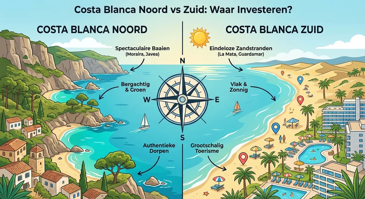 Een gedetailleerd diagram in infographic-stijl dat de geografische verschillen toont tussen de bergachtige kliffen van de Costa Blanca Noord en de brede zandstranden van de Costa Blanca Zuid, met de tekst Costa Blanca Noord vs Zuid: Waar Investeren?