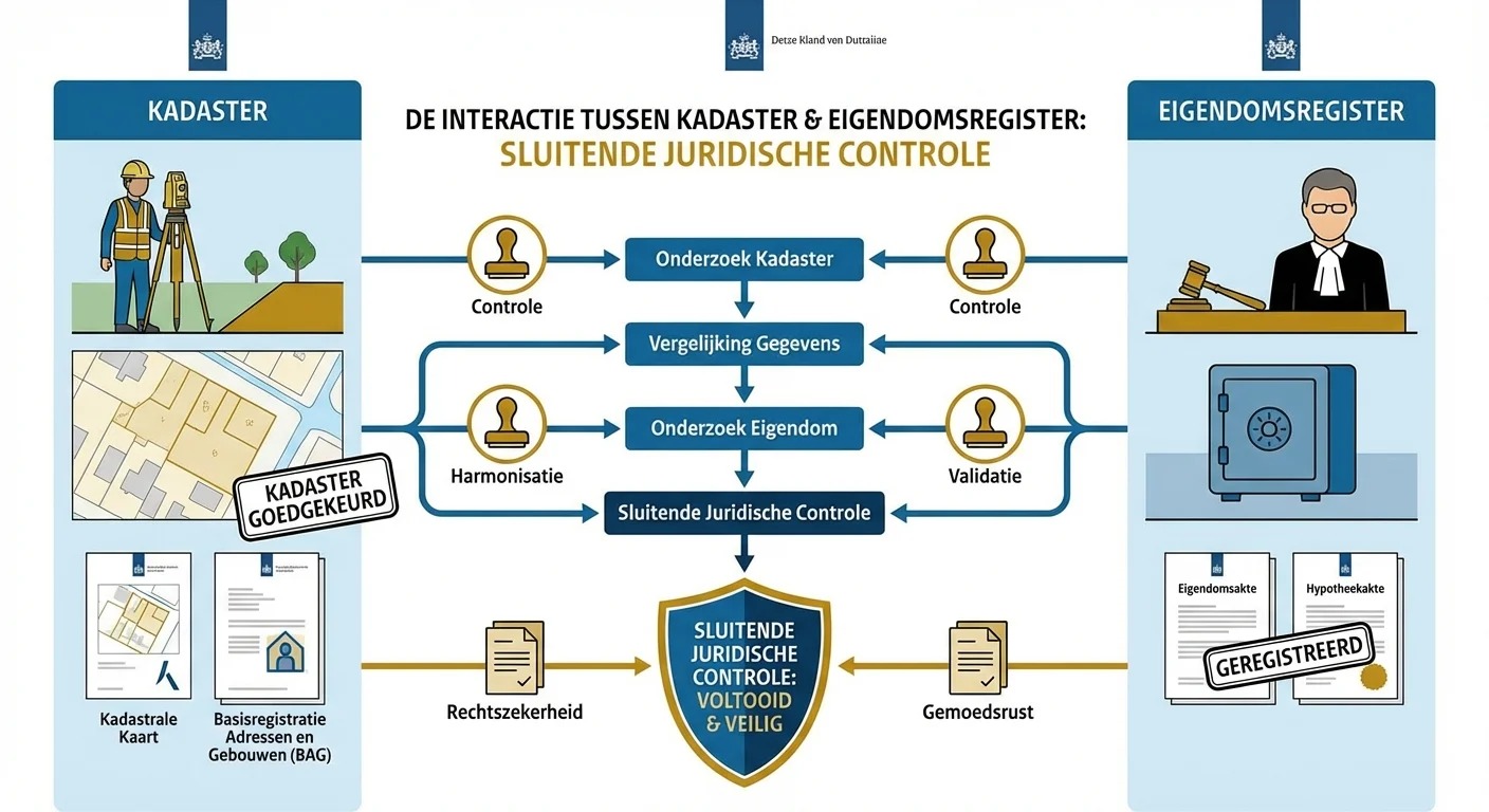 A detailed infographic-style diagram visualising the interaction between the land registry and the property register for conclusive Legal Control, with icons of official documents and stamps, professional appearance