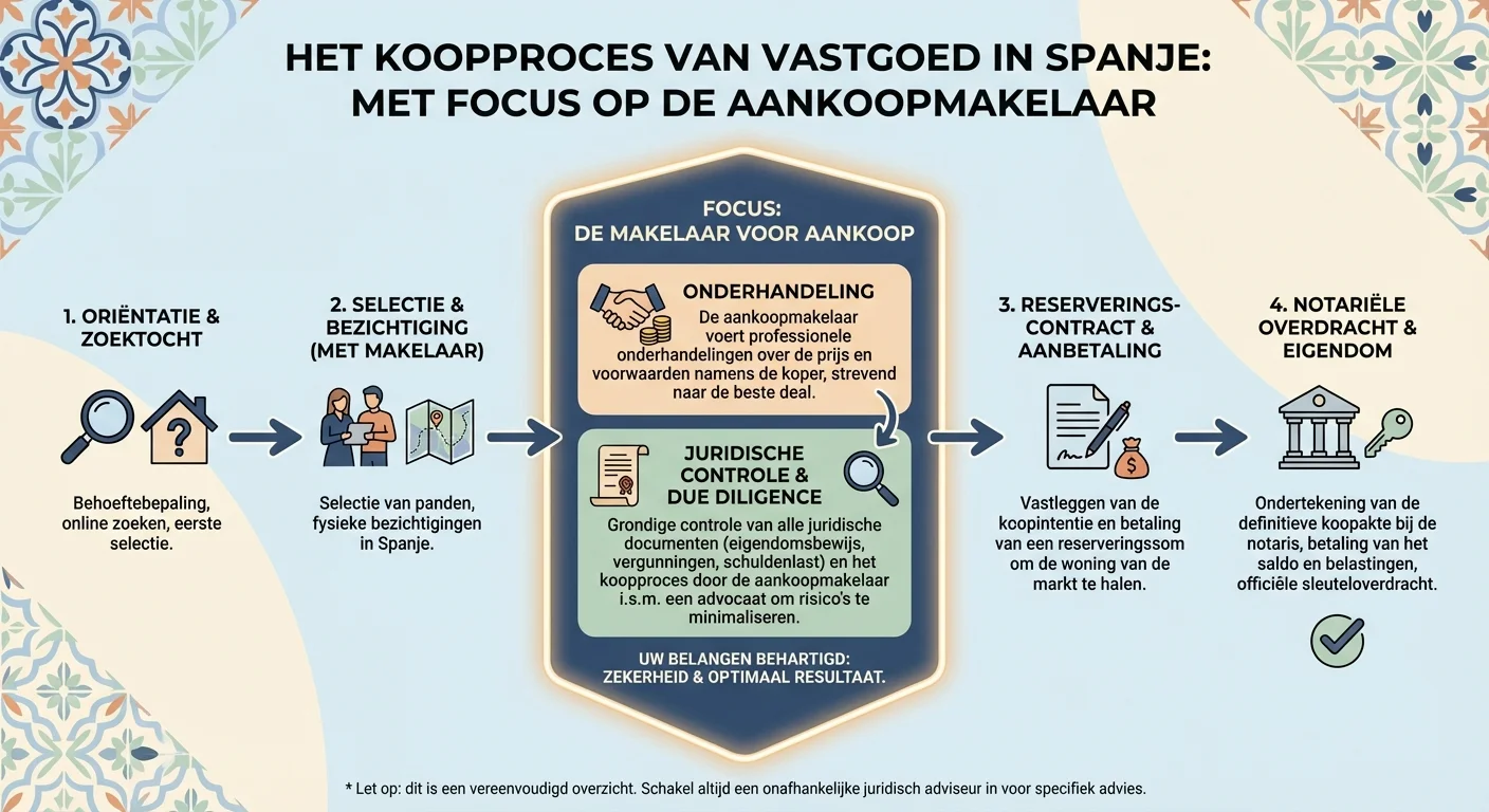 Een overzichtelijk diagram in infographic stijl dat de verschillende stappen van het koopproces visualiseert, met een focus op de Makelaar voor Aankoop in Spanje die juridische documenten controleert en onderhandelt, professionele en informatieve uitstraling. ALL text rendered in this image MUST be in Dutch. Ensure correct spelling.
