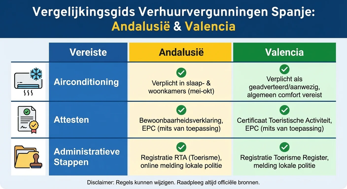 Une infographie claire comparant les différentes exigences pour une licence de location en Espagne par région, comme l'Andalousie et Valence, avec des icônes pour la climatisation, les attestations et les démarches administratives, dans un style professionnel et informatif.