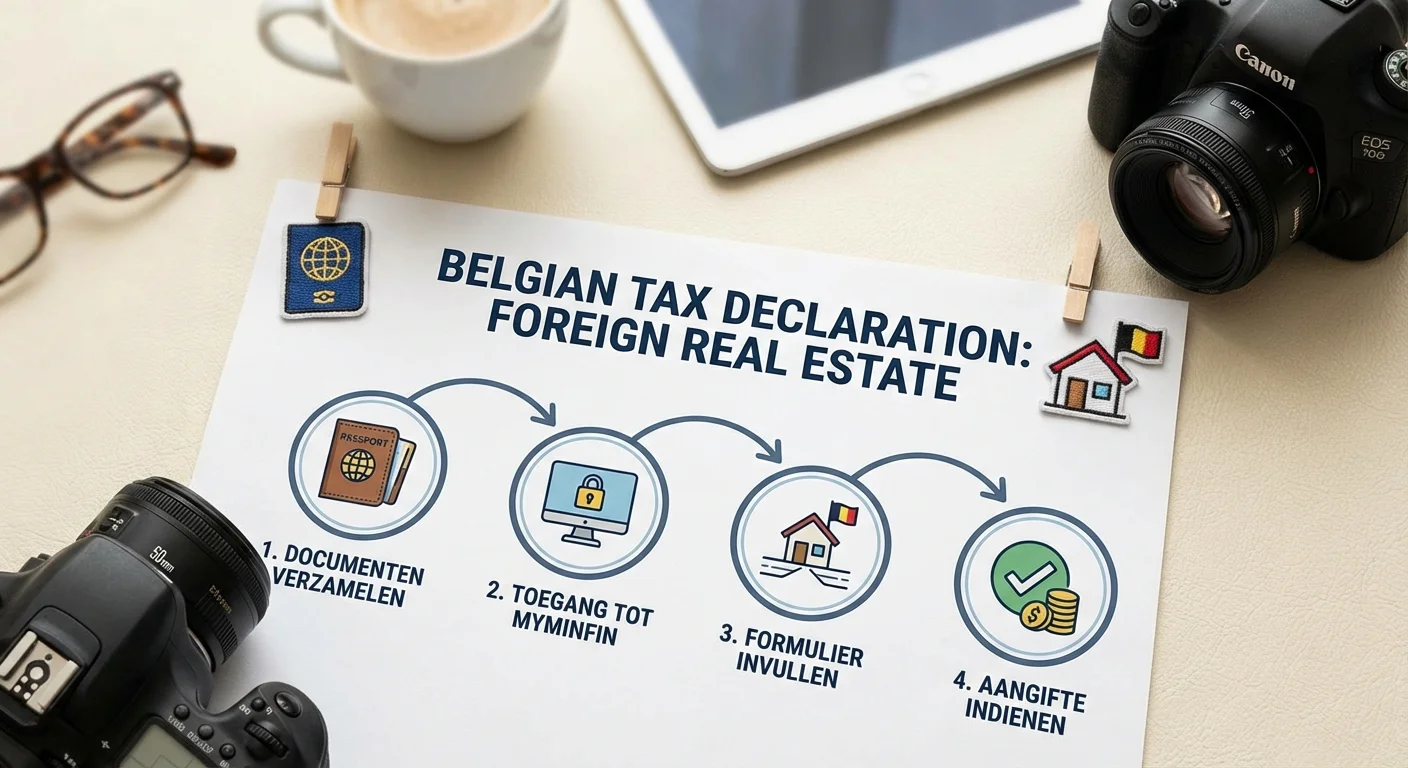 Een overzichtelijke infographic die de stappen toont voor de aangifte van buitenlands vastgoed belast bij de Belgische fiscus, met iconen van een paspoort en een huis over de grens, professionele uitstraling