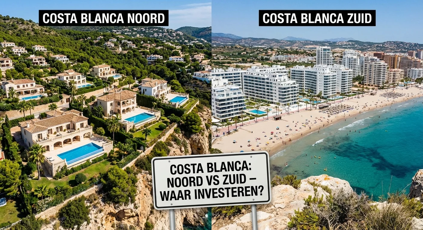 Een realistische actiefoto vanuit een dynamisch perspectief die de contrasten toont van Costa Blanca Noord vs Zuid: Waar Investeren?, met aan de ene kant luxe villa's op groene heuvels en aan de andere kant moderne, betaalbare appartementencomplexen aan de kust, professionele uitstraling
