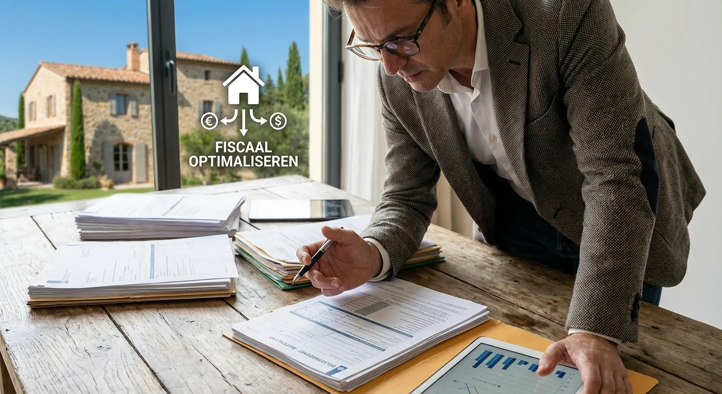 Een realistische actiefoto vanuit een dynamisch perspectief van een adviseur die complexe belastingdocumenten analyseert aan een houten tafel, met op de achtergrond een zonnig mediterraan landhuis dat illustreert hoe buitenlands vastgoed belast wordt en geoptimaliseerd kan worden, professionele uitstraling