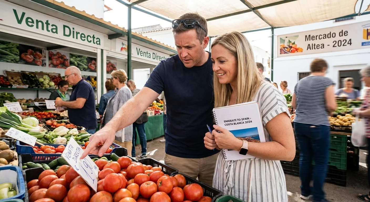 Een realistische actiefoto vanuit een dynamisch perspectief van een koppel dat de lokale markt bezoekt tijdens hun proces van Emigreren naar Spanje, terwijl ze de prijzen van verse producten vergelijken aan de Costa Blanca in 2024, professionele uitstraling