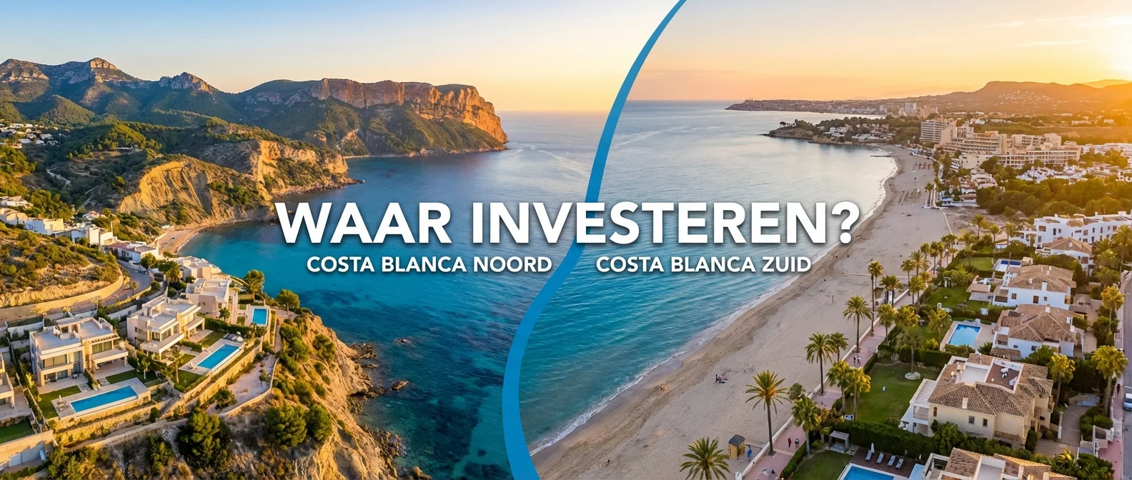 Een sfeervol en breed panorama van de Spaanse kustlijn ter illustratie van Costa Blanca Noord vs Zuid: Waar Investeren?, met een uitnodigende compositie van azuurblauwe zee en luxe architectuur, professionele fotografie