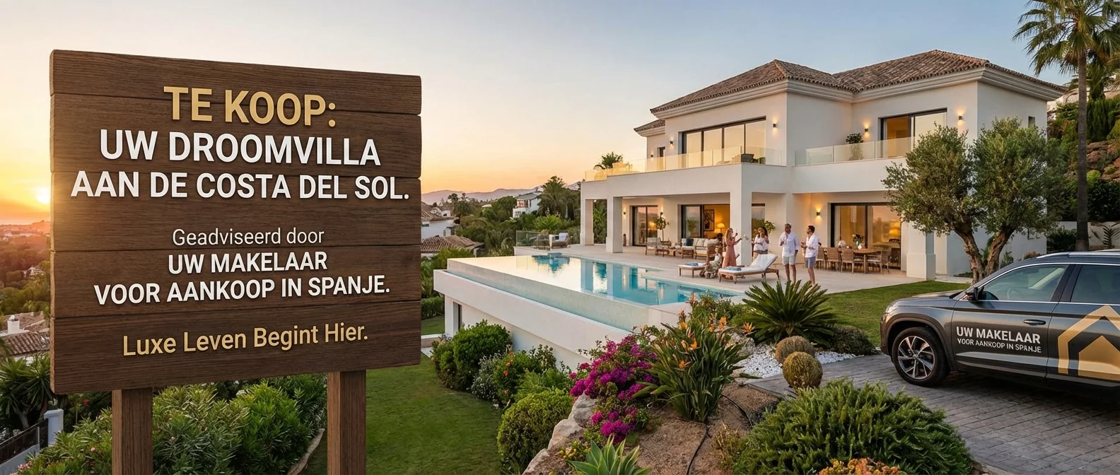 Een sfeervol en breed panorama van een luxe villa aan de Costa del Sol, geadviseerd door een Makelaar voor Aankoop in Spanje, met een uitnodigende compositie en professionele belichting. ALL text rendered in this image MUST be in Dutch. Ensure correct spelling.