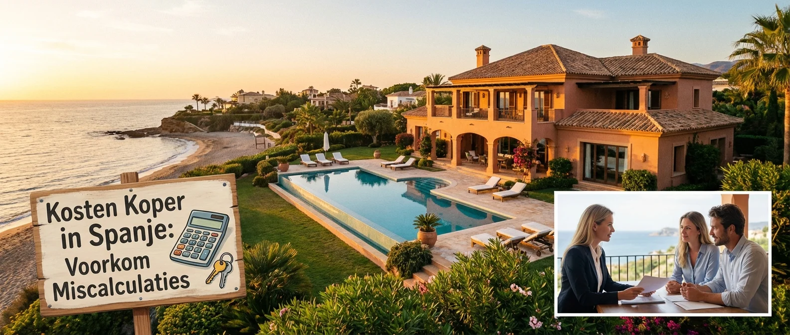 Een sfeervol en breed panorama van een luxe Spaanse villa aan de kust, illustratief voor de Kosten Koper in Spanje: Voorkom Miscalculaties, warme mediterrane sfeer, professionele fotografie