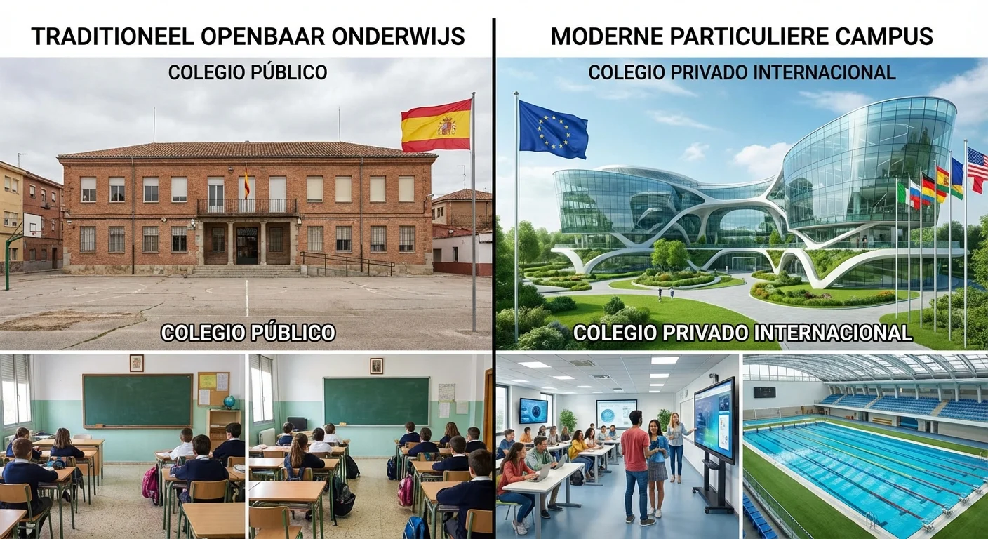 Een vergelijkend overzicht van onderwijs in Spanje met aan de linkerkant een traditionele openbare school en aan de rechterkant een moderne particuliere campus, zij-aan-zij lay-out