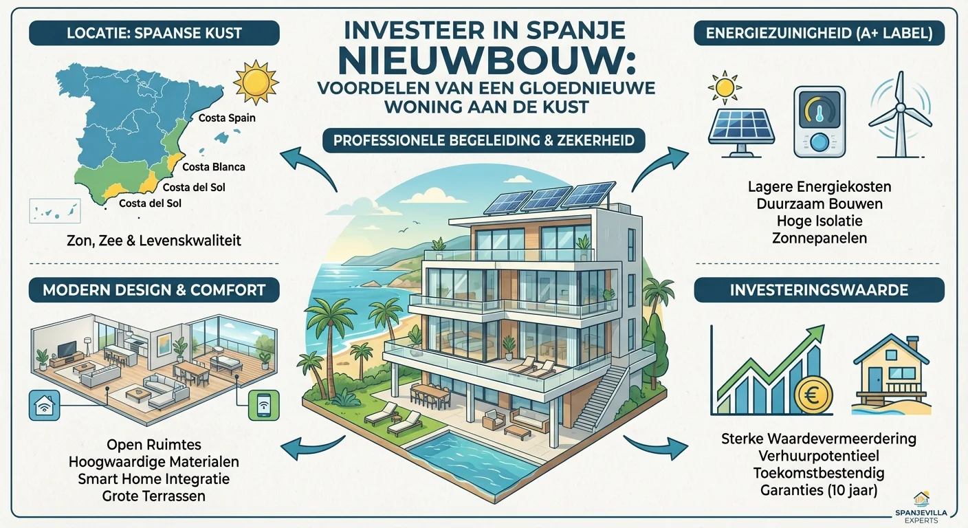 diagram of infographic stijl, helder en informatief over Investeer in Spanje nieuwbouw en de voordelen van een gloednieuwe woning aan de Spaanse kust zoals energiezuinigheid en modern design, professionele uitstraling