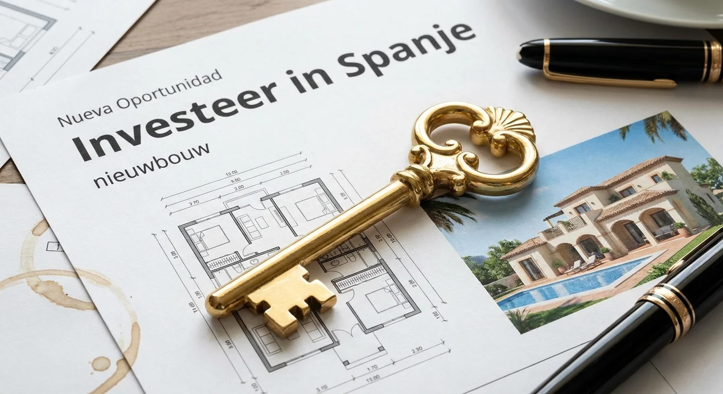 close-up detail shot, sharp focus van een glanzende gouden sleutel op een modern bouwplan van Investeer in Spanje nieuwbouw, symboliseert een nieuwe kans, professional appearance