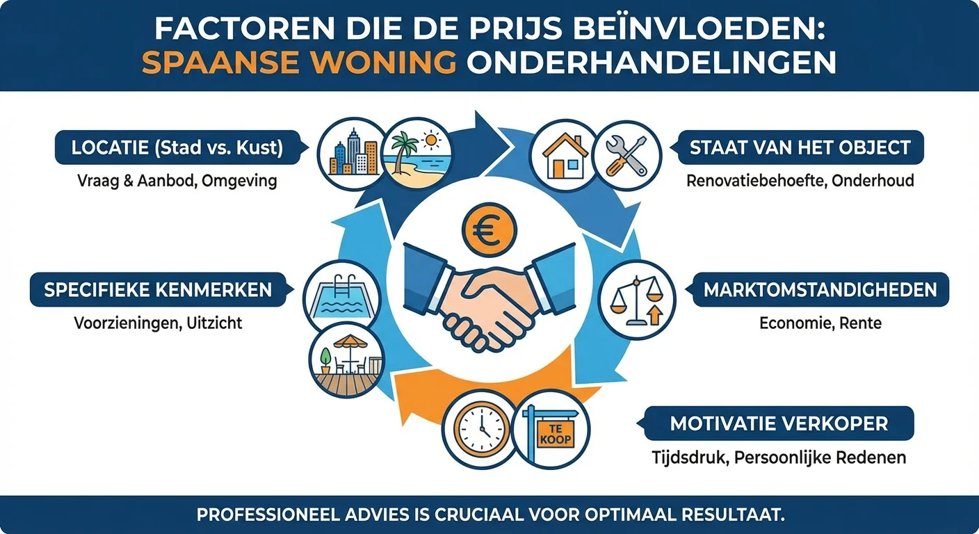 infographic style, a visual representation of factors influencing the Price of a Spanish Property during negotiations, professional appearance