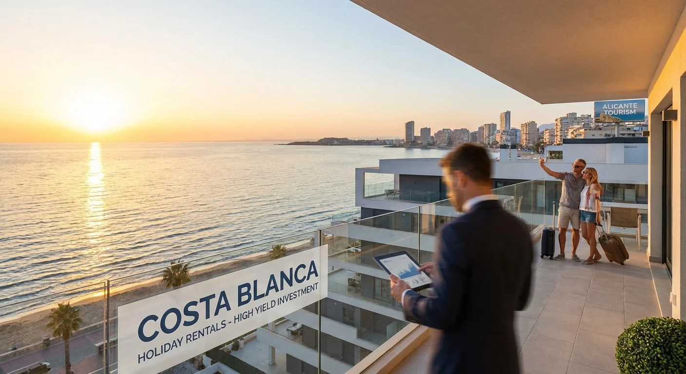 realistic action photo, dynamic perspective of een modern appartement met uitzicht op de Middellandse Zee tijdens de zonsondergang, illustrerend het Rendement op Vakantieverhuur aan de Costa Blanca en de toeristische aantrekkingskracht van Alicante, professional appearance