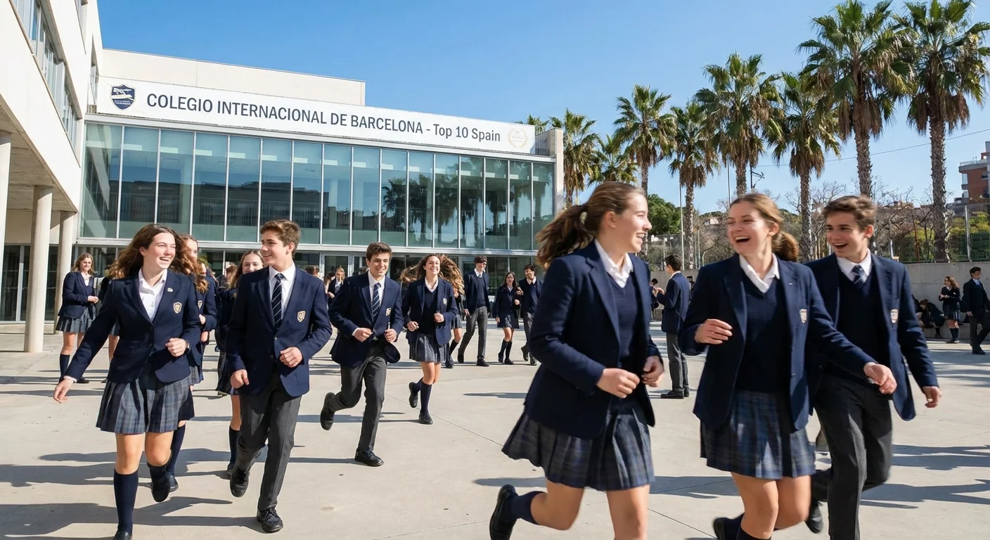 realistic action photo, dynamic perspective of onderwijs in spanje bij een van de top 10 beste internationale scholen in Spanje, leerlingen in uniform op een modern schoolplein, professional appearance
