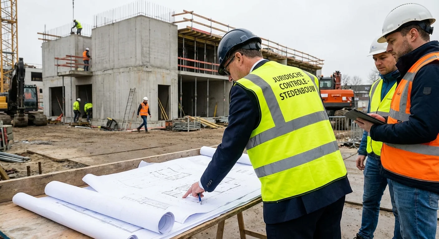 realistic action photo, dynamic perspective of Legal Control at urban planning infringements and local permit review, professional appearance showing a lawyer inspecting architectural plans on a construction site