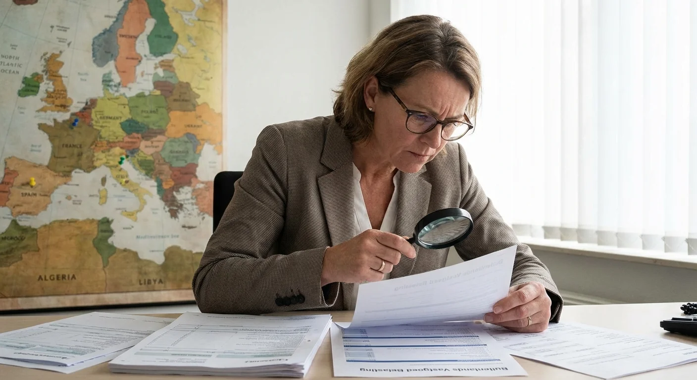 realistic action photo, dynamic perspective of een professionele accountant die documenten over buitenlands vastgoed belast analyseert met op de achtergrond een kaart van Europa, professional appearance